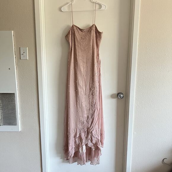 VTG Y2k 90s Scala Silk Beaded Slip Dress Mermaid Ruffle Gown Fairy Pink Sz L - Picture 2 of 10